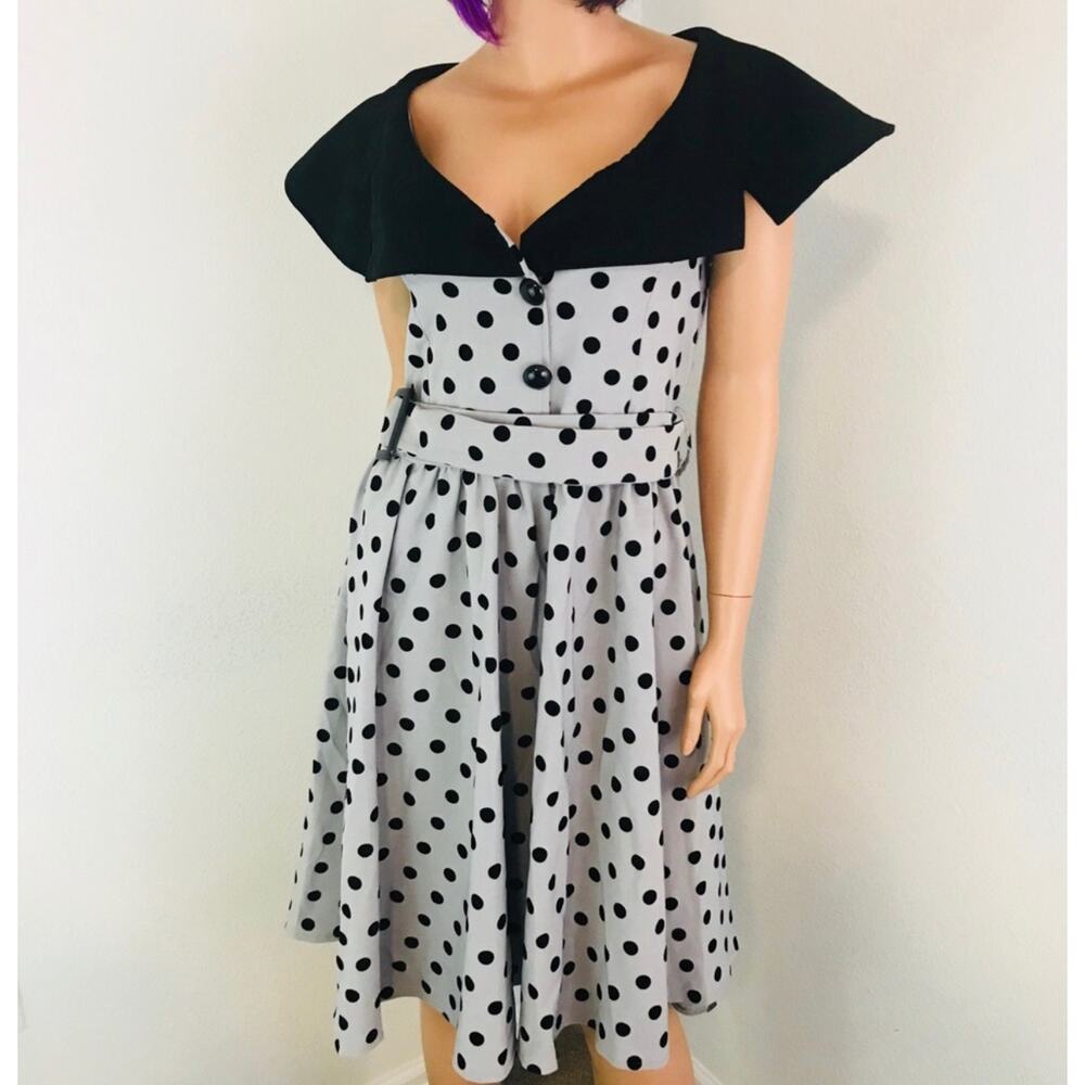 Collectif Judy Dress Polka Dot Fit and Flare Pin Up Girl Rockabilly Dress, Gray